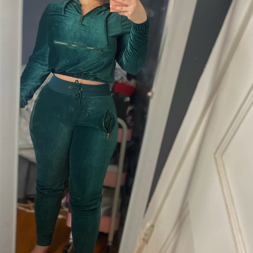 green velour / velvet track suit 2 piece